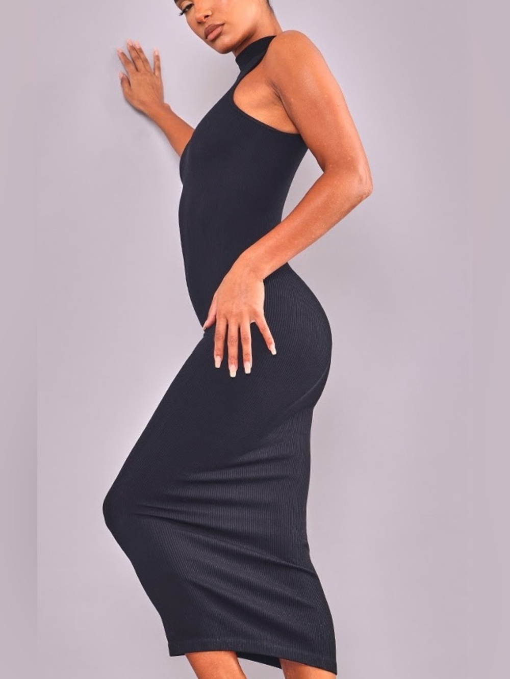 Sleek Contour Fit Mock Neck Black Ribbed “Midaxi” Midi / Maxi Dress